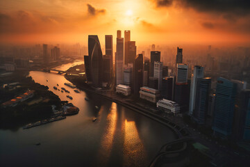 view of the skyline of singapore at sunset - obrazy, fototapety, plakaty