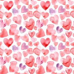 Abstract seamless pattern with many pink hearts in watercolor style. Generative AI.