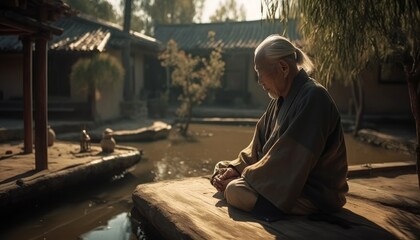 Asian old man wearing a kimono and meditating in an ancient chinese backyard ai, ai generative, illustration
