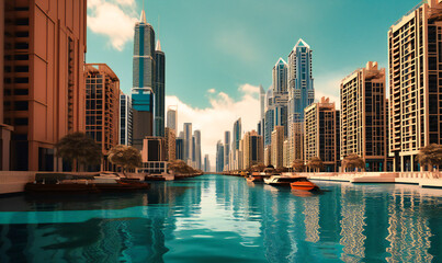 a view with tall buildings and water by the canal in dubai