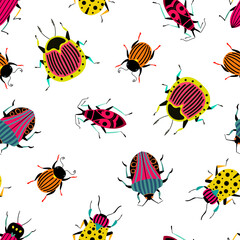 Lots of bright and funny bugs. Lovely seamless pattern with cartoon elements. 