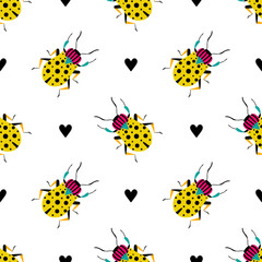Cute yellow beetles with black hearts. Seamless pattern with cartoon element.