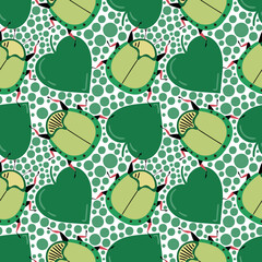 Funny green stink bug with hearts. Seamless pattern with cartoon elements.