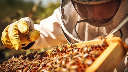 Beekeepers use a magnifying glass to examine bees inside honeycombs.The Generative AI. - obrazy, fototapety, plakaty
