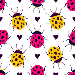 Bright and cute ladybugs with black hearts on the white background. Seamless pattern with cartoon elements.
