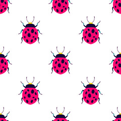 Pink and cute ladybugs on the white background. Seamless pattern with cartoon elements. Polka dot summer background.
