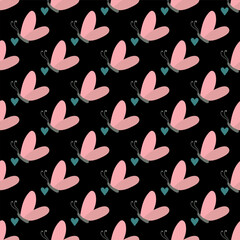 Night pink butterflies. Seamless pattern with cartoon elements.