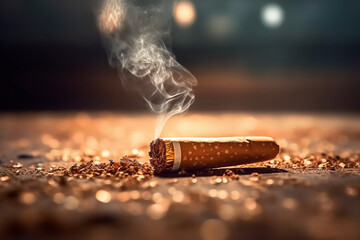 Generative AI. Lit cigarette butt resting on the asphalt. Word No-Tobacco Day concept - 600829162