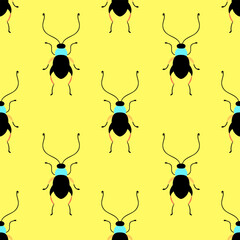 Little beetles on the bright yellow background. Seamless pattern with cartoon elements.