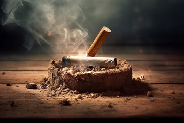 Generative AI. Lit cigarettes on a burnt ashtray. Concept: world no-tobacco day