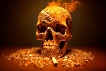 Generative AI. Human skull with fire and smoke surrounded by cigarettes and tobacco remains. concept: harm caused by smoking. World No Tobacco Day - 600829365