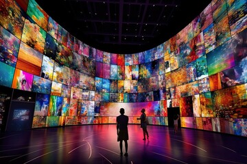 a person watching a video wall with multimedia images on different television screens, generative ai - obrazy, fototapety, plakaty