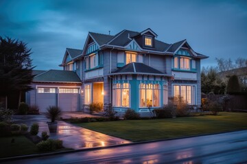 Luxury stone French mansion with veranda pool and garden, generative ai