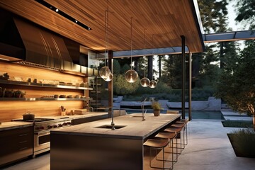 magnificent outdoor kitchen in a luxurious villa with pool, generative ai
