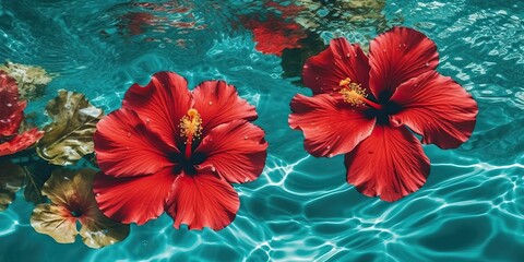 Refreshing exotic background with red hibiscus flower floating in turquoise water, generative AI
