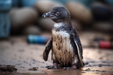 Fototapeta premium Small pinguin dirty with mad in distress, generative ai