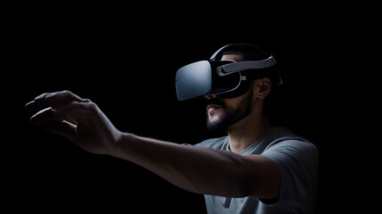 An adult bearded man wearing casual clothing and a VR headset is shown in a studio shot browsing virtual reality.The Generative AI.