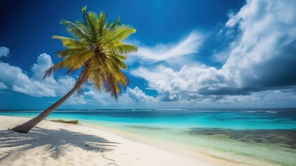 Tropical beach with palm tree white sand and turquoise water, generative  ai