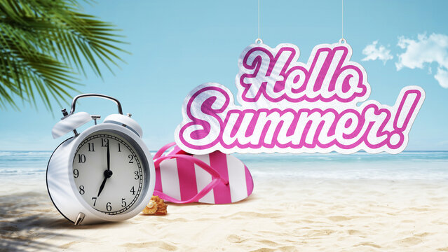 Hello Summer sign with alarm clock