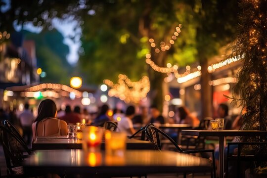outdoors bar terrace at dusk, afterwork outing background, generative ai