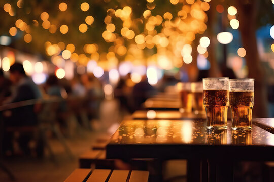 outdoors bar terrace at dusk, afterwork outing background, generative ai