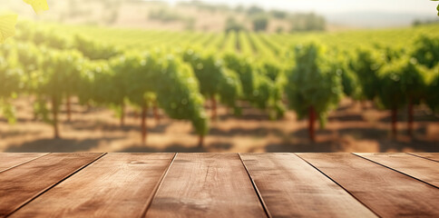 Wooden floor with blurred french vineyard background. Generative AI