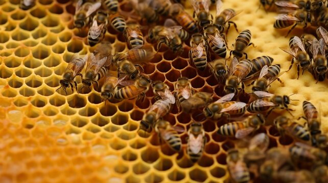 Bees at work on the honeycomb.The Generative AI.