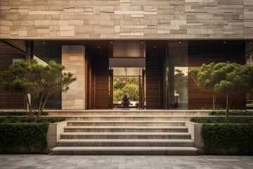 Obraz premium Building's sleek, minimalist design incorporated natural elements such as wood and stone, creating a harmonious blend of modernity and nature. Generative AI