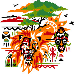 African tribal concept: lion, savanna landscape, ethnic mask and ornament, sun and birds. Cutout illustration in vibrant colors. Transparent PNG
