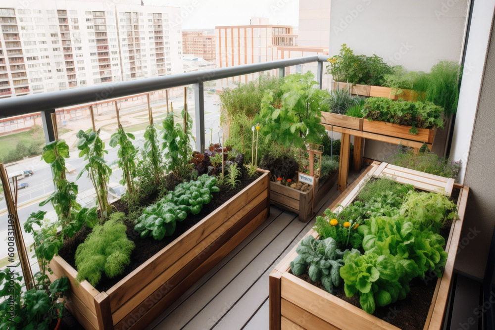 Wall mural a vegetable and herb garden on a metropolitan apartment balcony with plants growing up the sides. ge