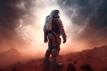 Tuinposter The astronaut in space suit walking on planet. Exploration of the planet's surface. Generative AI © barmaleeva