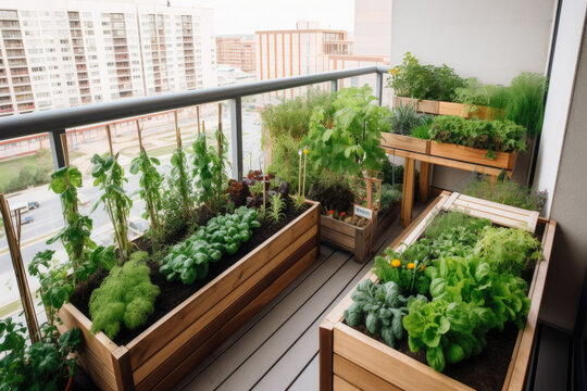 A vegetable and herb garden on a metropolitan apartment balcony with plants growing up the sides. Generative AI