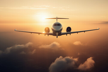 Private jet view during flight on air with orange sky at sunset