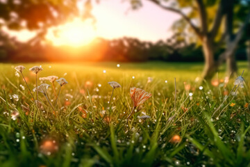 A grassy field with sun rays passing through it, bokeh lights. Generative Ai. 