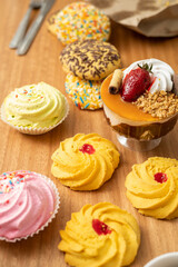 gourmet decoration of sandwiches, studio and sweet food, cake details with toppings and cookies, dessert wallpaper