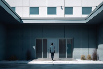 AI Generative. A person stands in front of a medical facility, symbolizing the first step in seeking help and healing. This minimalist image embodies simplicity and strength.