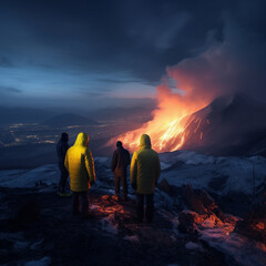 Volcano scientist are obsserving the volcano during eruption