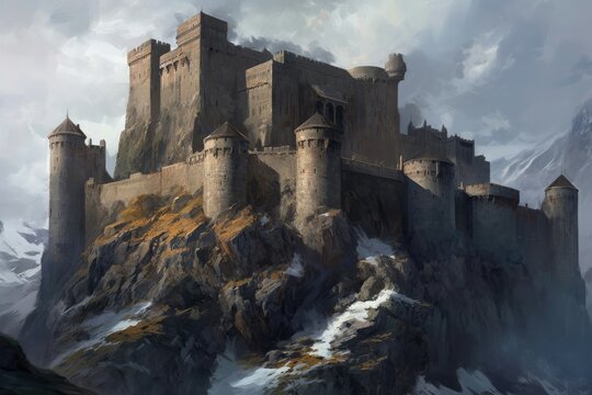 Imposing fortress perched on a rocky outcrop, providing a strategic advantage in times of war. Generative AI
