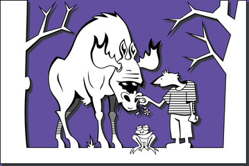 Relationships between wild life and a human being in a modern world. Caricature. The man picking the huge elk nose, frog sitting between them.