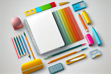 Naklejka premium Stationary, back to school,summer time, creativity and education concept. Generative Ai