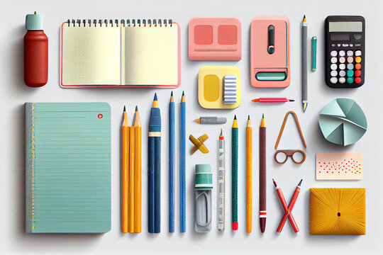 School and office supplies. Stationery on white background. Generative Ai
