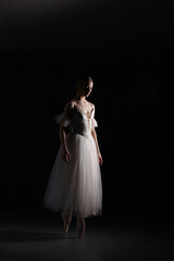 Fototapeta premium Professional ballerina dancing ballet.Ballerina in a white dress and pointe shoes. Dark background. Beautiful female body.