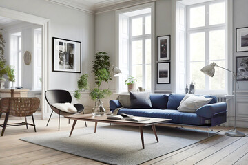 Dark blue sofa and recliner chair in scandinavian apartment. Interior design of modern living room. Created with generative AI - obrazy, fototapety, plakaty