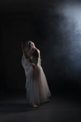 Professional ballerina dancing ballet.Ballerina in a white dress and pointe shoes. Dark background. Veil. Scene. Performance