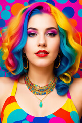 Fototapeta na wymiar Young cute beautiful girl close-up with bright wavy or curly rainbow multicolored hair and necklace on color background. Generative AI.