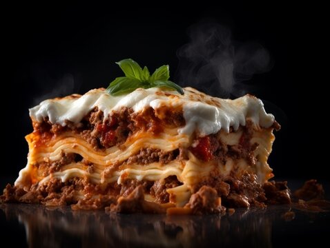 lasagna dish with layers of pasta, meat sauce, ricotta cheese, and melted mozzarella