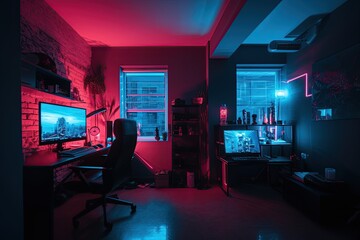 Modern gamer room with neon lights, created with AI, AI, generative AI