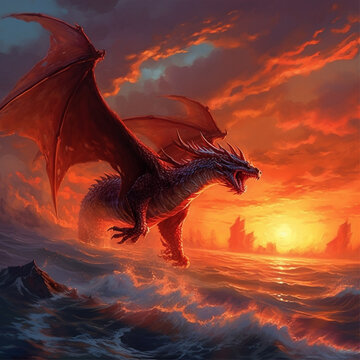 A Dragon Flying Into The Sunset Illustration Art