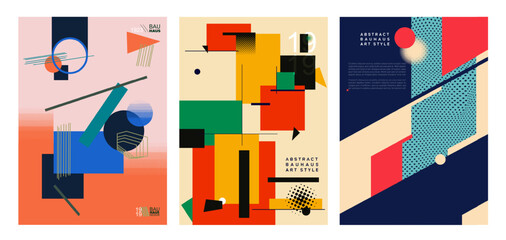 Set of Bauhaus cover templates with abstract geometry. Colored geometric posters. Vector retro minimal shapes, forms, lines and eye design. Magazine, poster, journal or album creative art cover.
