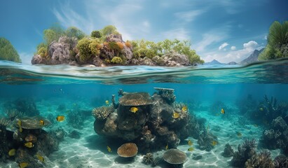 Fototapeta na wymiar Tropical Island And Coral Reef - Split View With Waterline. Beautiful underwater view of lone small island above and below the water surface in turquoise waters of tropical ocean. Generative Ai.